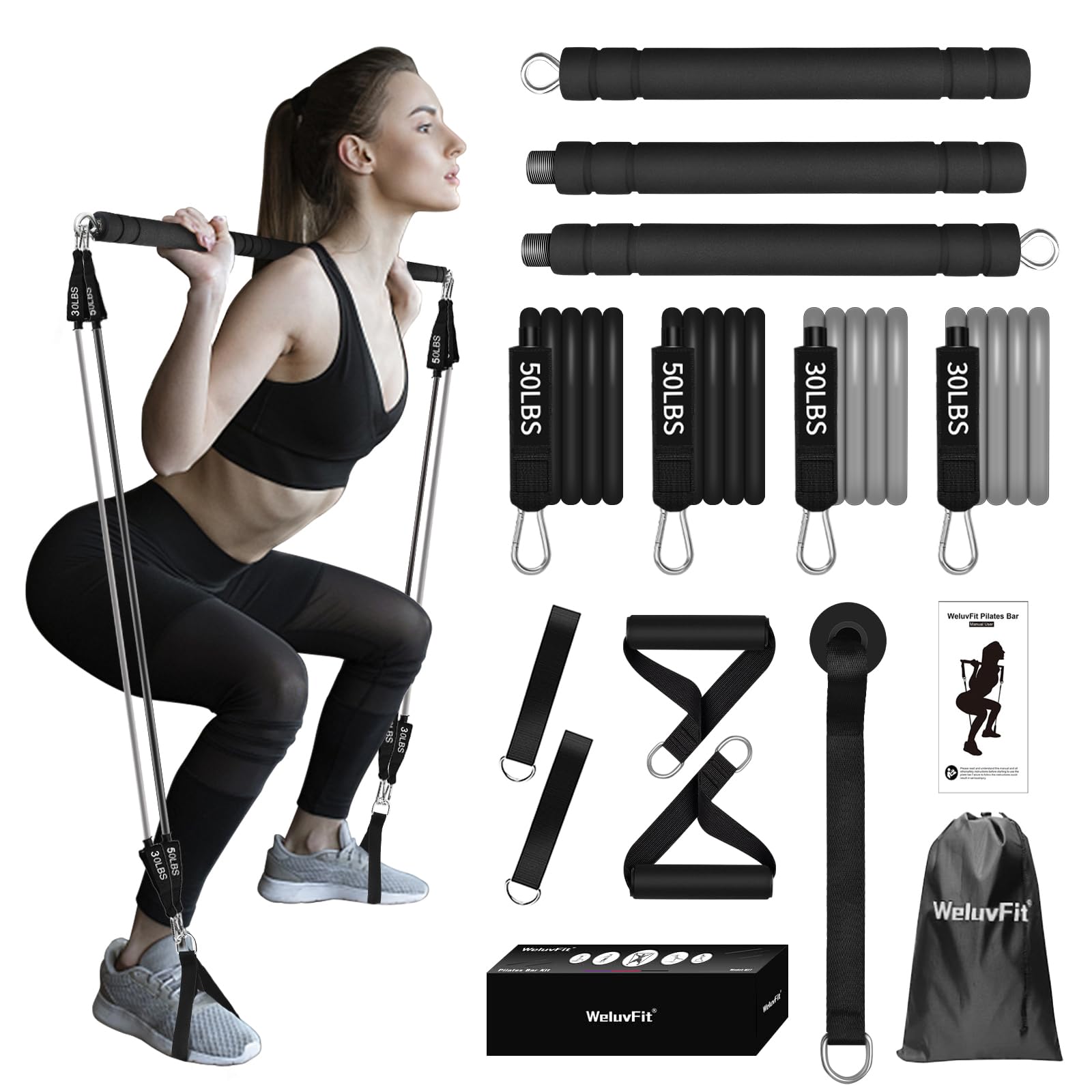 Pilates Bar Kit with Resistance Band-Multifunctional Portable Weighted Exercise Pilates Bar, Home Gym with Beginner Workout Equipment, Yoga Set for Full Body