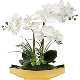Briful Orchids Artificial Flowers 15" White Phalaenopsis Orchid with Gold Pots Real Touch Faux Orchid Flower for Home Office Bedroom Table Centerpiece Desk Decor