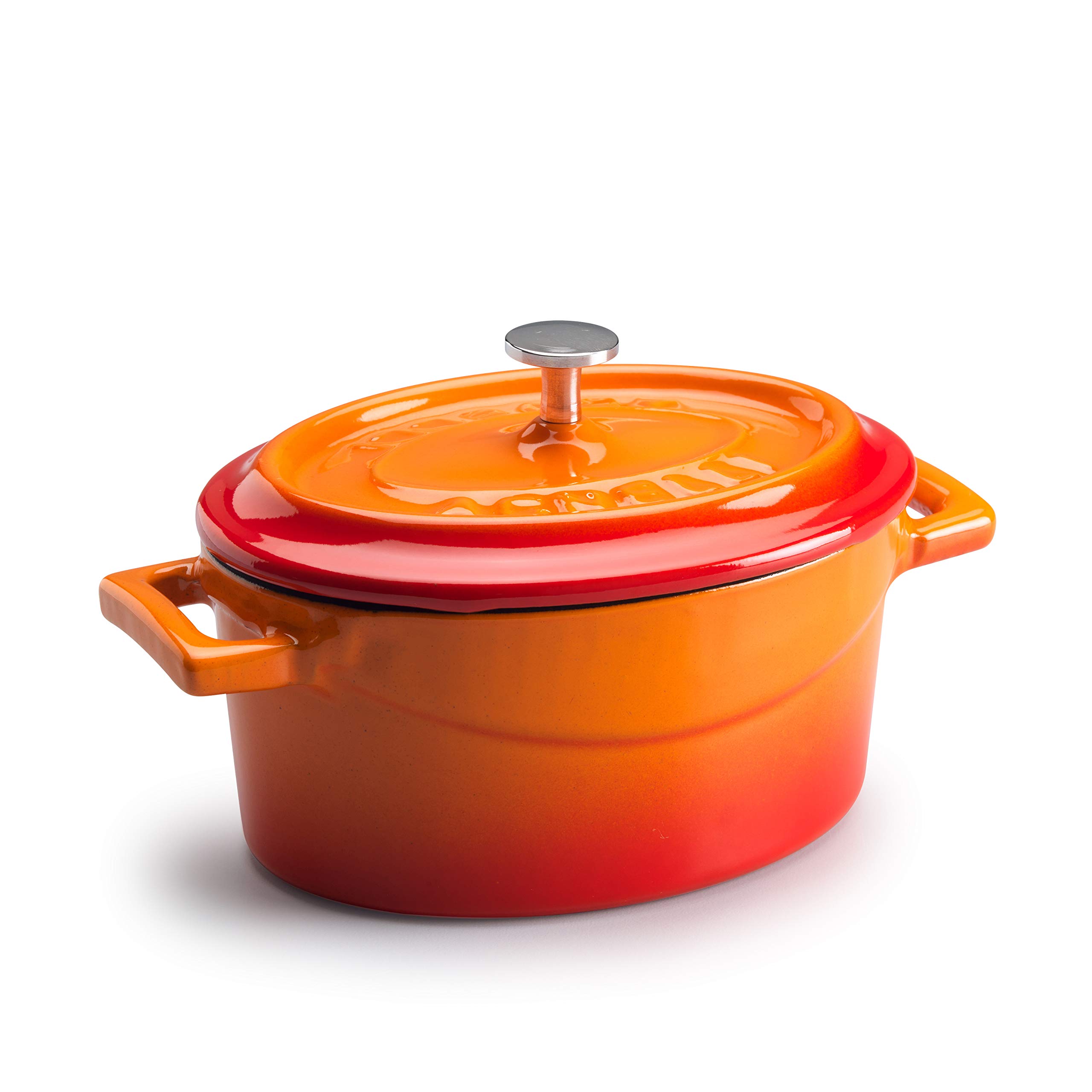 Pentole Agnelli Oval Mini Casserole Pot With Two Cast Iron Handles, Diameter-9 Cm, Green Orange, 0.4 Litres