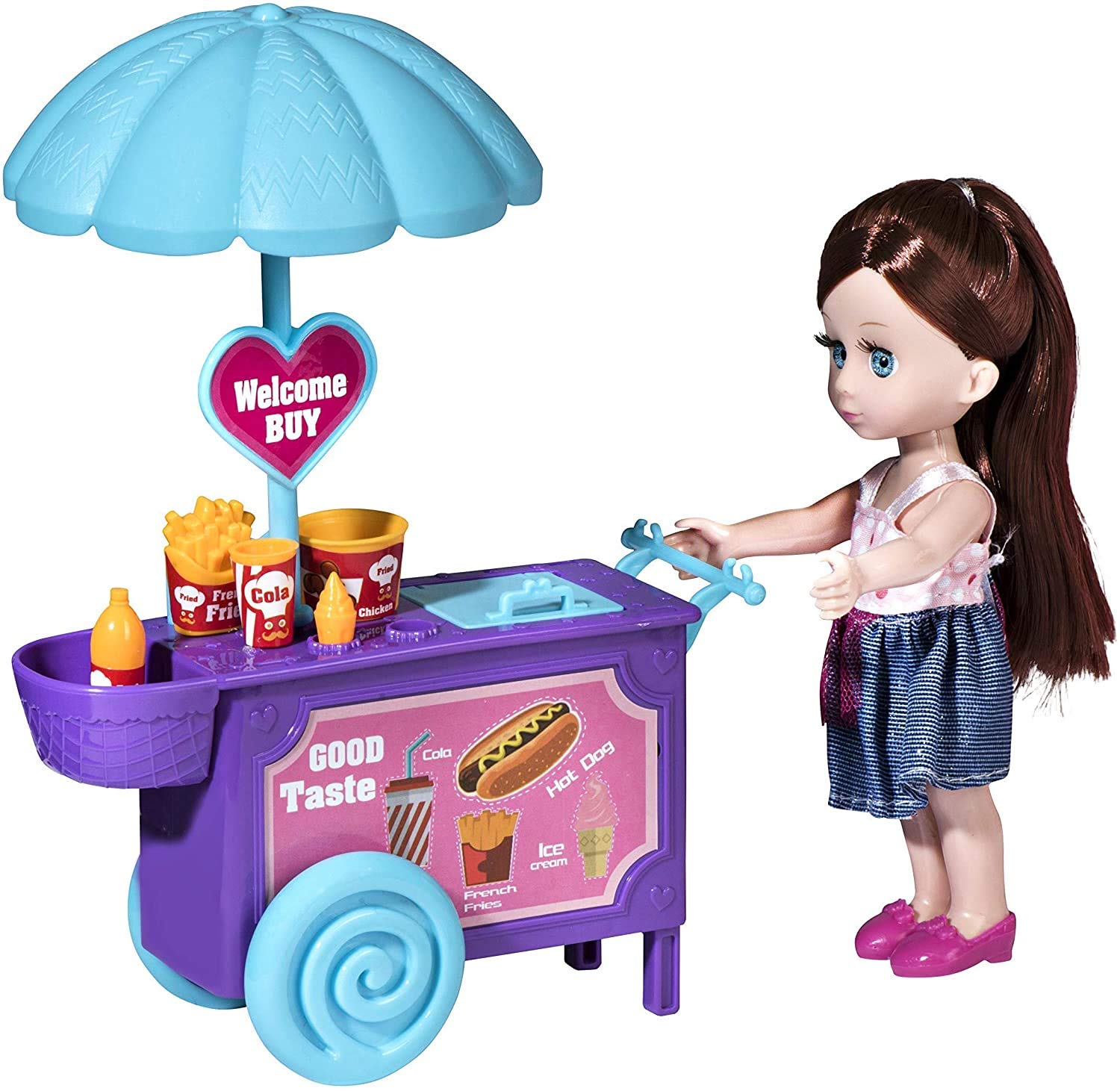 Playkidz Playset: Pretend Brunet Mini Super Durable Food Push Cart for Children's Doll House or just Fun Play, Mini Doll Food Playset