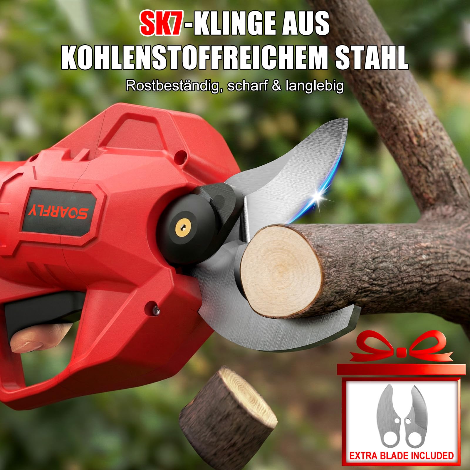 SOARFLY Akku Astschere 50mm, Elektrische Gartenschere mit 2 Akkus, Leistungsstarke Astschere Akku für Obstbäume Garten und Sträucher, Kabellose Gartenschere mit SK7 Klinge und Sicherheitsfunktion, Rot 4