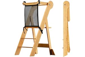 COSYLAND Foldable Toddler Standing Tower – Adjustable Height Folding Step Stool with Safety Net, Partial Assembly Toddler Kit