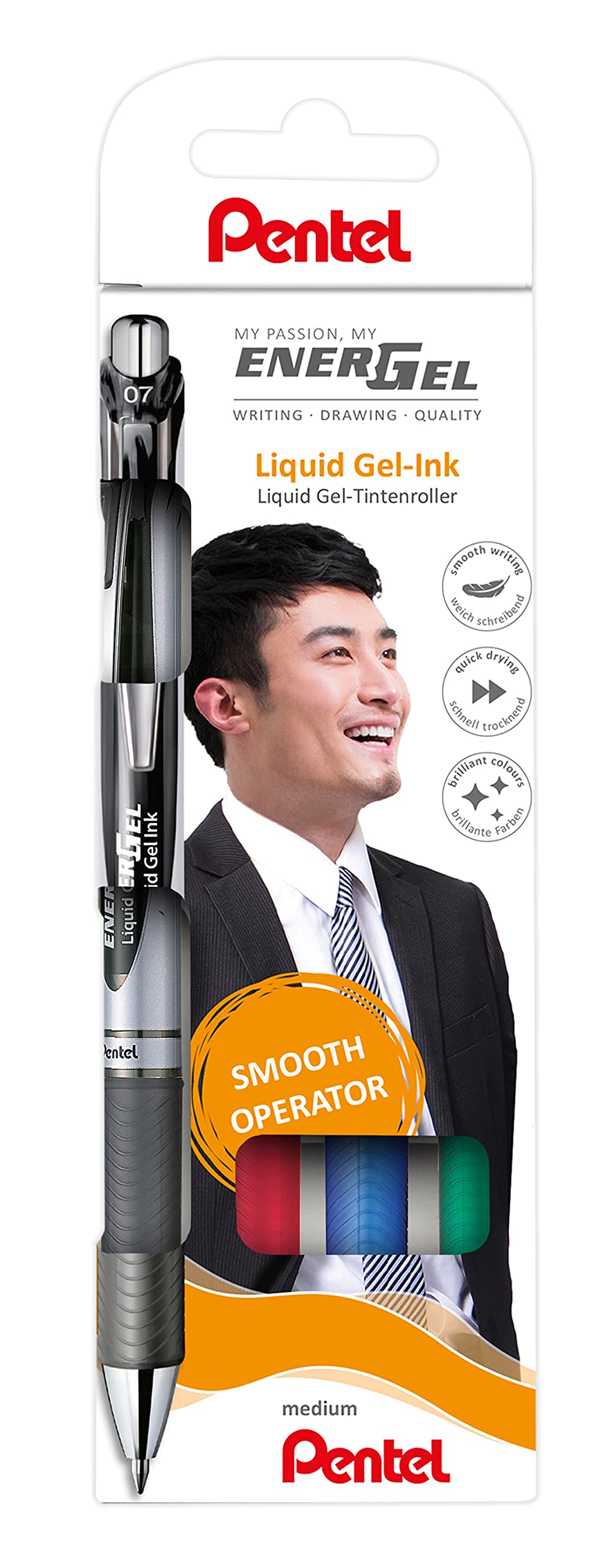 Pentel BL77-4 EnerGel Liquid Gel Rollerball pen, 0.35mm line width, set of 4, assorted with print mechanics