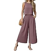 Lepunuo Womens Summer 2 Piece Outfits Sleeveless Crop Top Flowy Wide Leg Pants Matching Sets Vacation Beach Travel Outfits