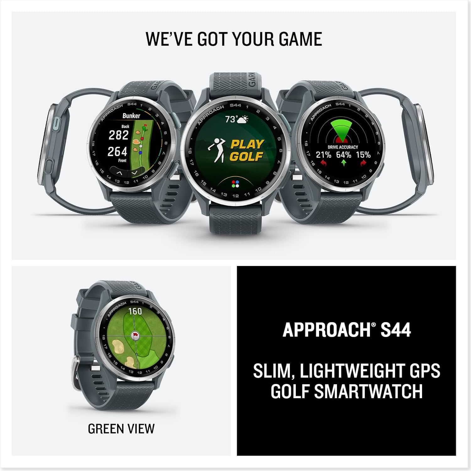 Garmin Approach S44 Essential Golf Watch with GPS, AMOLED Display, On-Course Features, Sports and Fitness Smartwatch, Silver Aluminum Bezel with Black Silicone Band Bundle