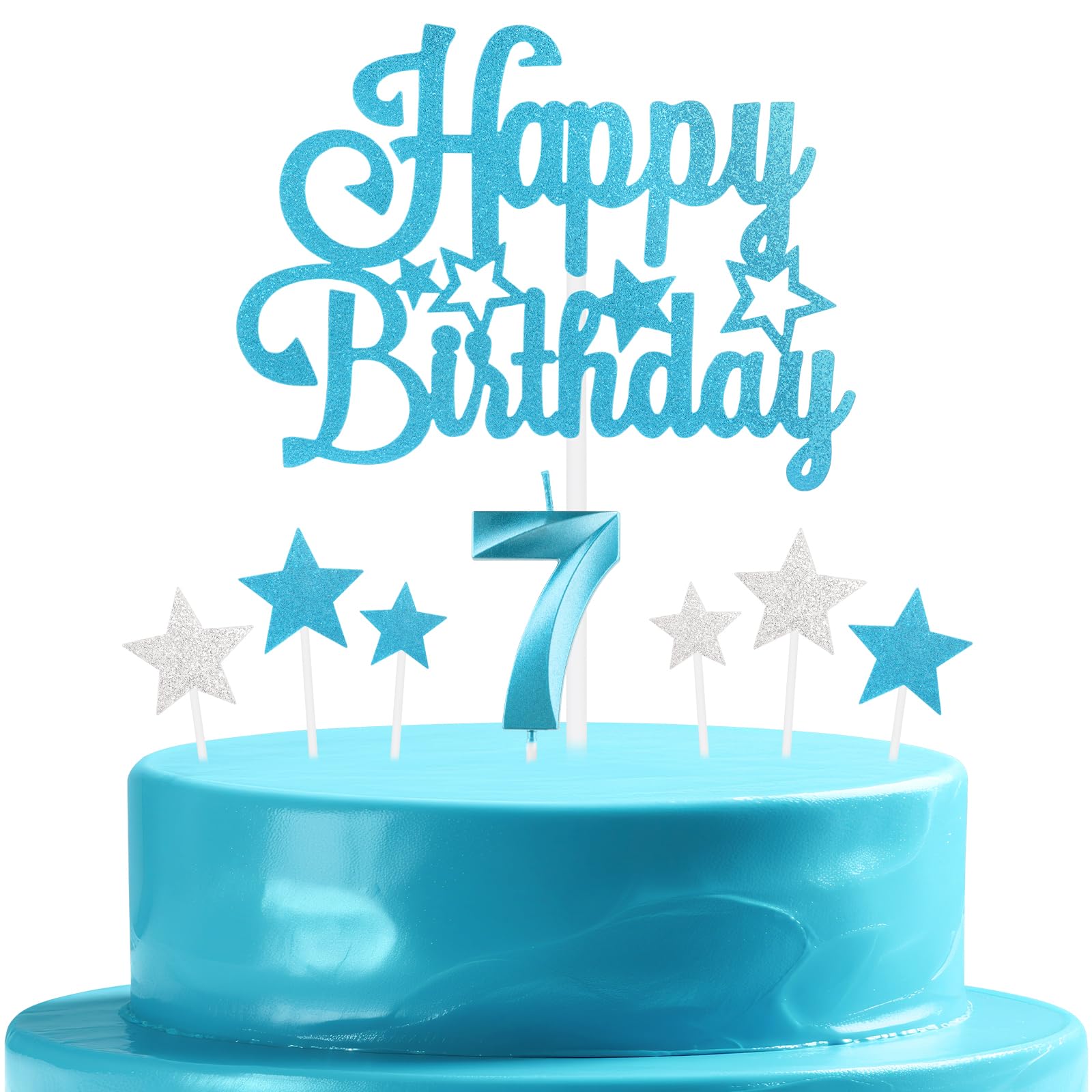 mciskin Blue Birthday Candles Set,Girl Boy 7th Birthday Decorations,Number 7 Candle for Cake,Blue Candles Cake Toppers with Star for Girls Boys Birthday Party Anniversary Decorations