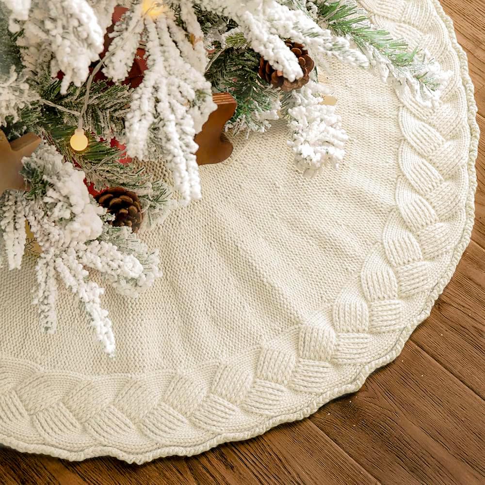 Photo 1 of 36 inch Christmas Tree Skirt: Pencil Tree Skirt for 6ft Tree, Basketweave Woven Knit Cream White Small Tree Skirt, Vintage Tree Skirts, Rustic Farmhouse Christmas Decorations