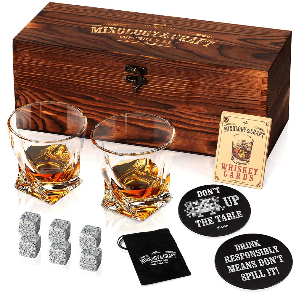 Whiskey Stones Gift Set for Men | Whiskey Glass and Stones Set with Wooden Box, 6 Granite Whiskey Rocks Chilling Stones and 10oz Whiskey Glasses | Whiskey Lovers Gifts For Men, Dad, Husband, Boyfriend