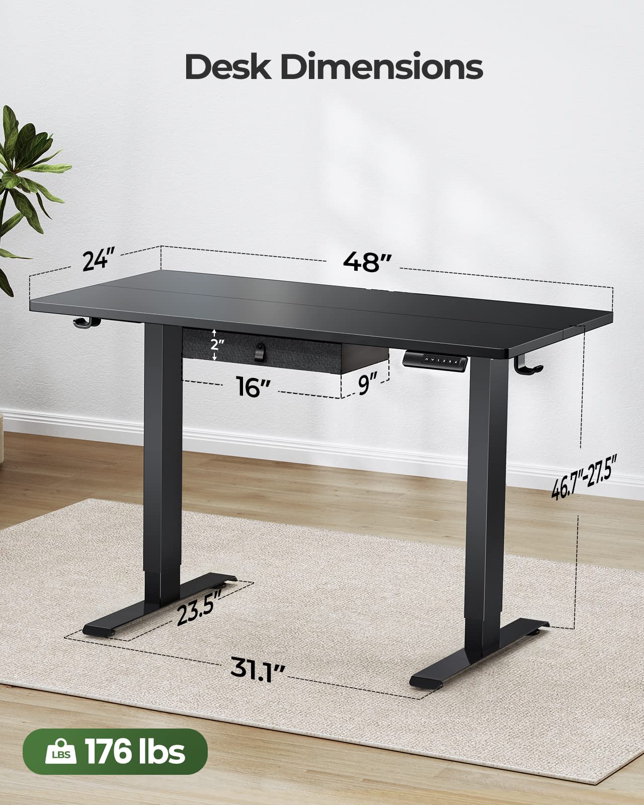 Marsail Standing Desk with Drawer, 48x24 Inch Adjustable Height Desk, Electric Stand up Sit Home Office Ergonomic Workstation for Computer Gaming Black (TZESD12)