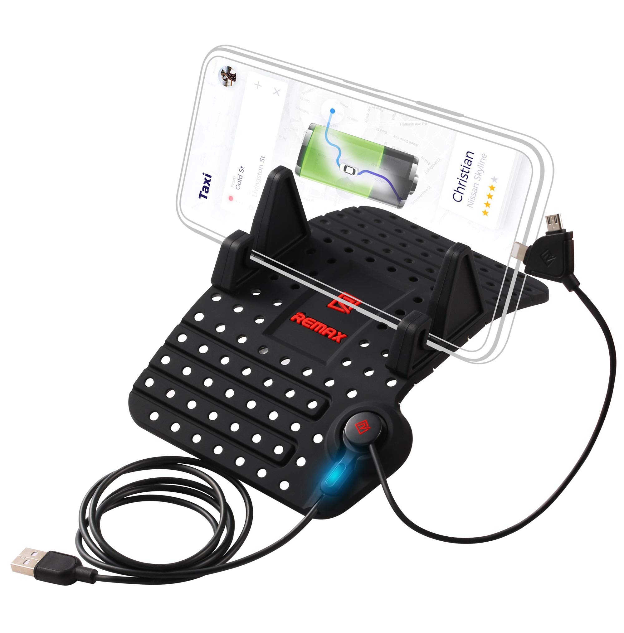 REMAX YOXI Universal Car Phone Mount Holder Cradle Stand Car Charger with Charging Cable 2 in 1 for iPhone/iOS/Android Smartphone