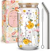 Niyorayna Cute Daisy Drinking Glass Cups with Lid and Straw Gifts for Women Daughter Niece Friends,Yellow Wildflower Ice Coffee Glass Cup Gifts for Birthday Christmas,Coffee Lover Gift for Her-154