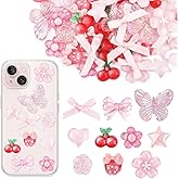 Galaton 60 Pcs Junk Case Charms Kit, Pink Heart Bow Junk, 3D Star Butterfly Flower Phone Case Charms, Y2K Aesthetic Bow Resin Charm, Girly DIY Craft Accessories for Phone, Scrapbooking