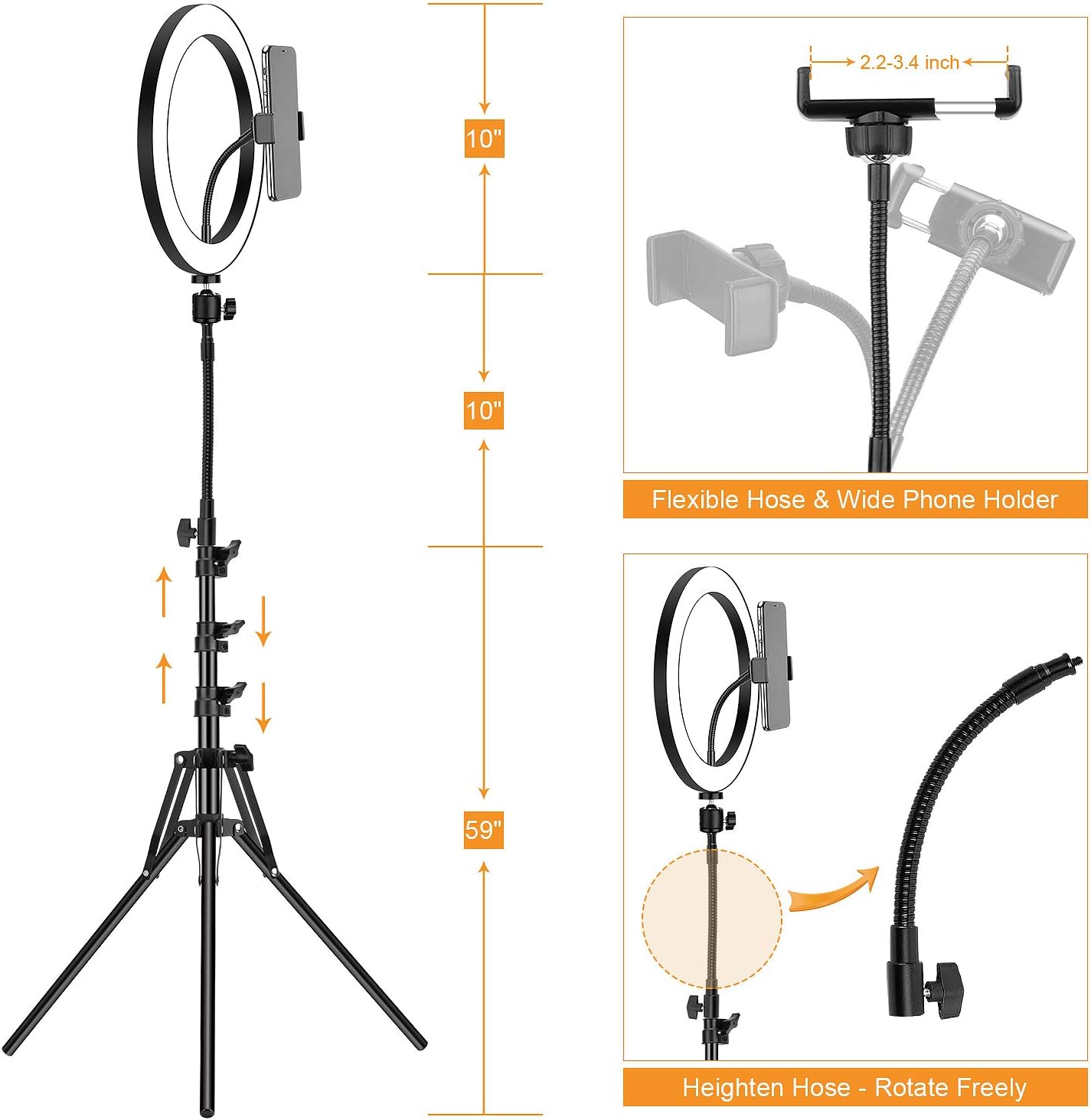 Ring Light with Stand and Phone Holder, 10 inch Adjustable Circle Light with Extendable Tripod 69", USB Powered, Heighten Hose, Ring Lights for iPhone Selfie, Video Recording, TikTok Streaming