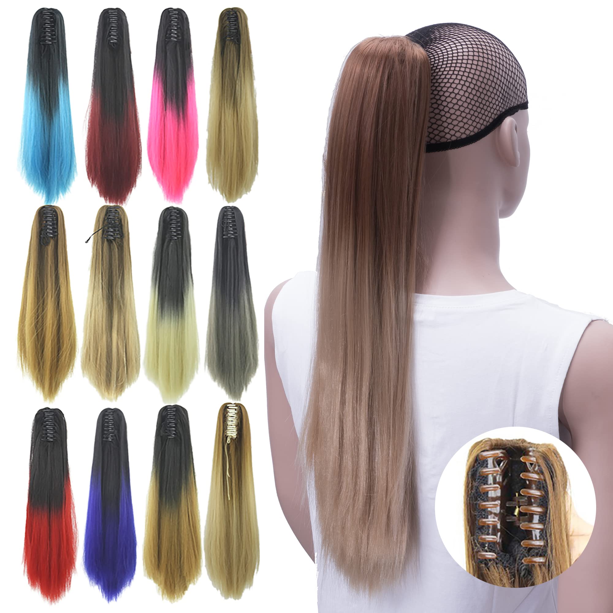 IMISSU Straight Clip on Hairpiece Extensions Pony Tail Clip Claw Ombre Ponytail Hair Pieces (Ombre Brown)
