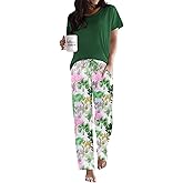 Ekouaer Pajama Sets for Women Round Neck Pjs Short Sleeve Sleepwear with Long Pants Loose Lounge Sets