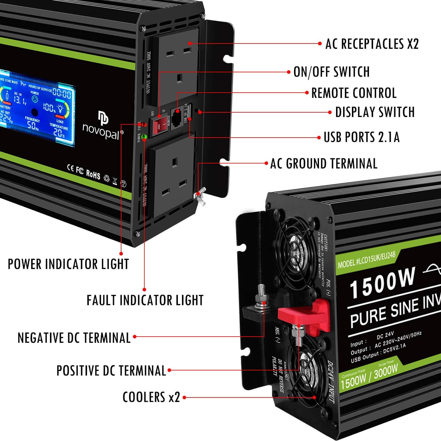 NOVOPAL 1500W Pure Sine Wave Inverter 24V to 230V 240V Car Power Converter with LCD Display - Image 4