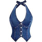 Milumia Women's Denim Halter Top Tie Backless Button Front Slim Fit Vests