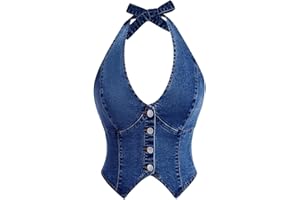 Milumia Women's Denim Halter Top Tie Backless Button Front Slim Fit Vests
