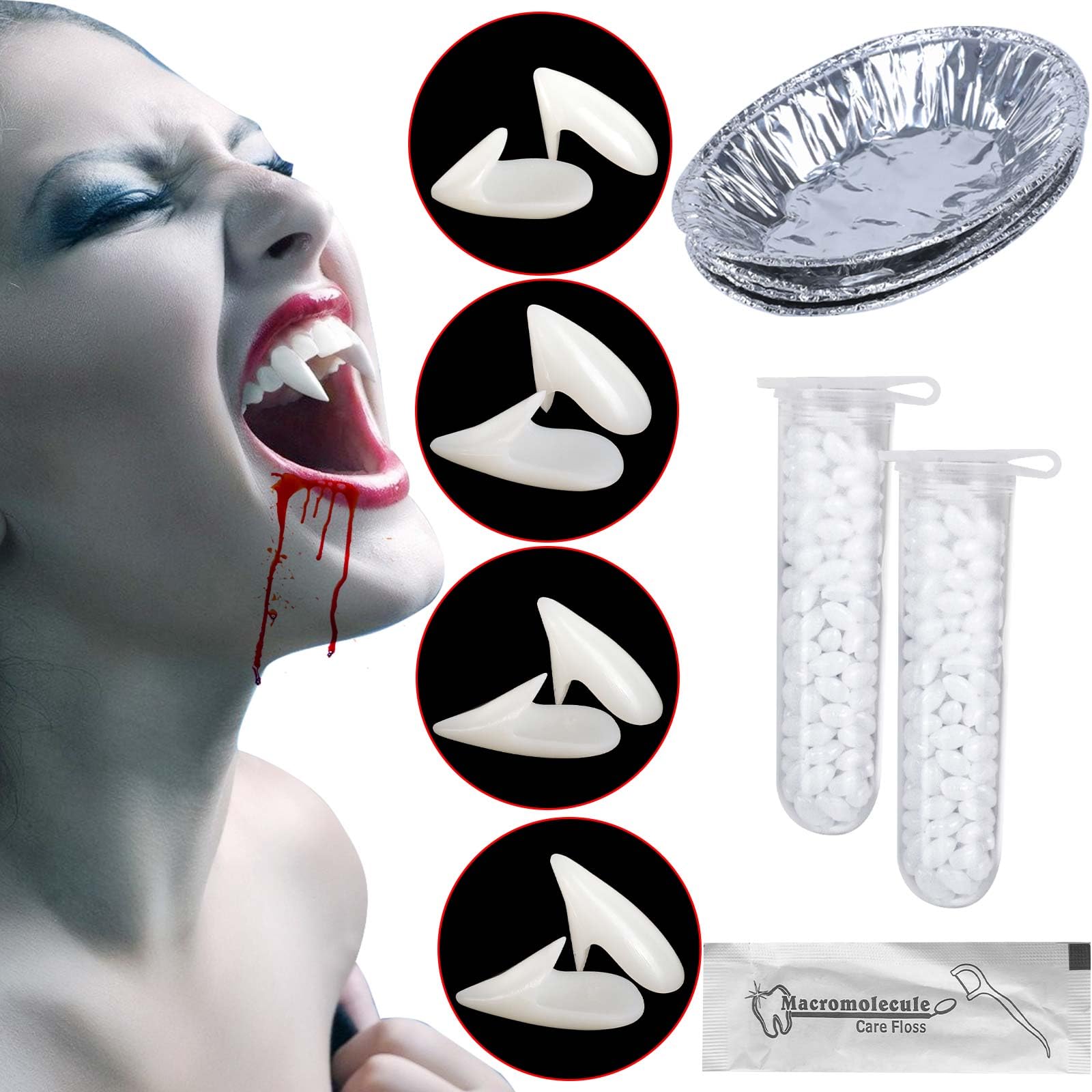 Photo 1 of KZATVECY Vampire Fangs 4 Sizes Realistic Vampire Teeth with Super Strong Adhesive Horror Fake Fangs Props for Halloween Costume Party Favors Cosplay Masquerade Accessories Gift