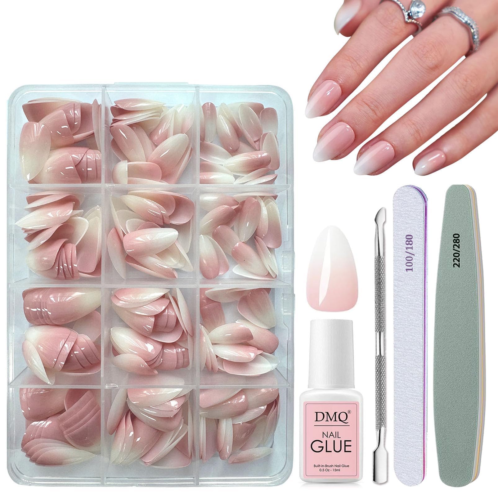 DMQ Ombre Press on Nails Stiletto, 240Pcs French Pink Gradient False Nails, Oval Fake Nails Pink Tips Short, 12 Sizes Glossy Full Cover Stick on Nail for Women Girls Nails Art