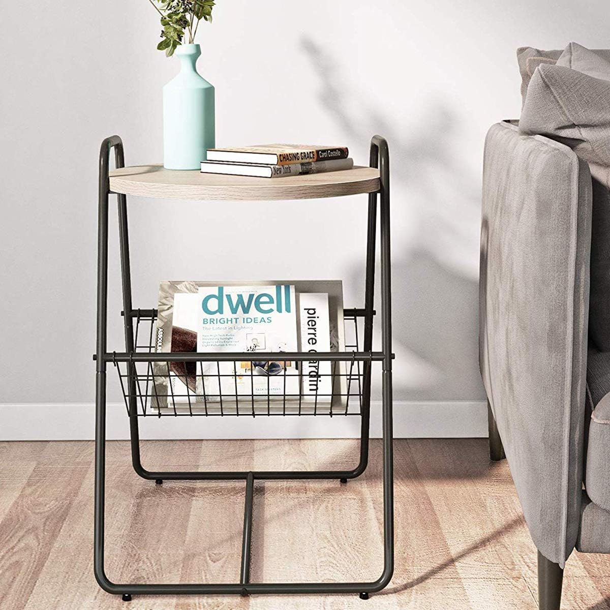 Homemaxs Side Table Round End Table with Metal Storage Basket for Living Room, Bedroom, Walnut/Black, 17.7 × 17.7 × 26.4 in