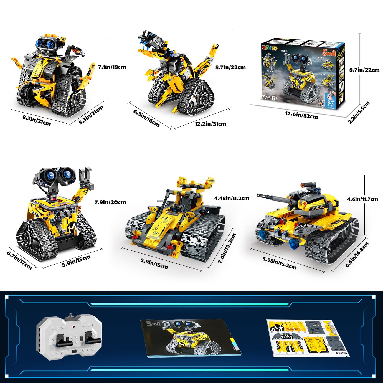 HiWEEGO Technik Roboter für Kinder Bausatz - 5-in-1 mit Fernbedienung und App Steuerung | 520 Stück RC Wall Roboter/Tech Robot Wiederaufladbarer Geschenke für 6-12+ Jahre alte Jungen Mädchen 9