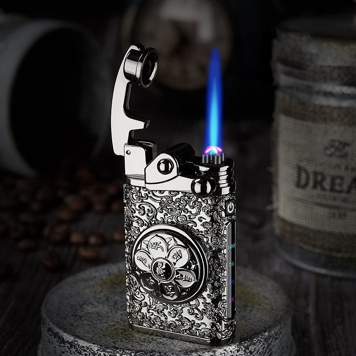 Photo 1 of Vintage Lighter Dual Arc Plasma Lighter Jet Flame Torch Lighter 2 in1 USB Rechargeable Windproof Butane Lighter with Gift Box (Black)
