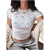 RoseSeek Women's Graphic Bow Short Sleeve Crewneck Crop Tops Slim Fit Y2K Cute T Shirts
