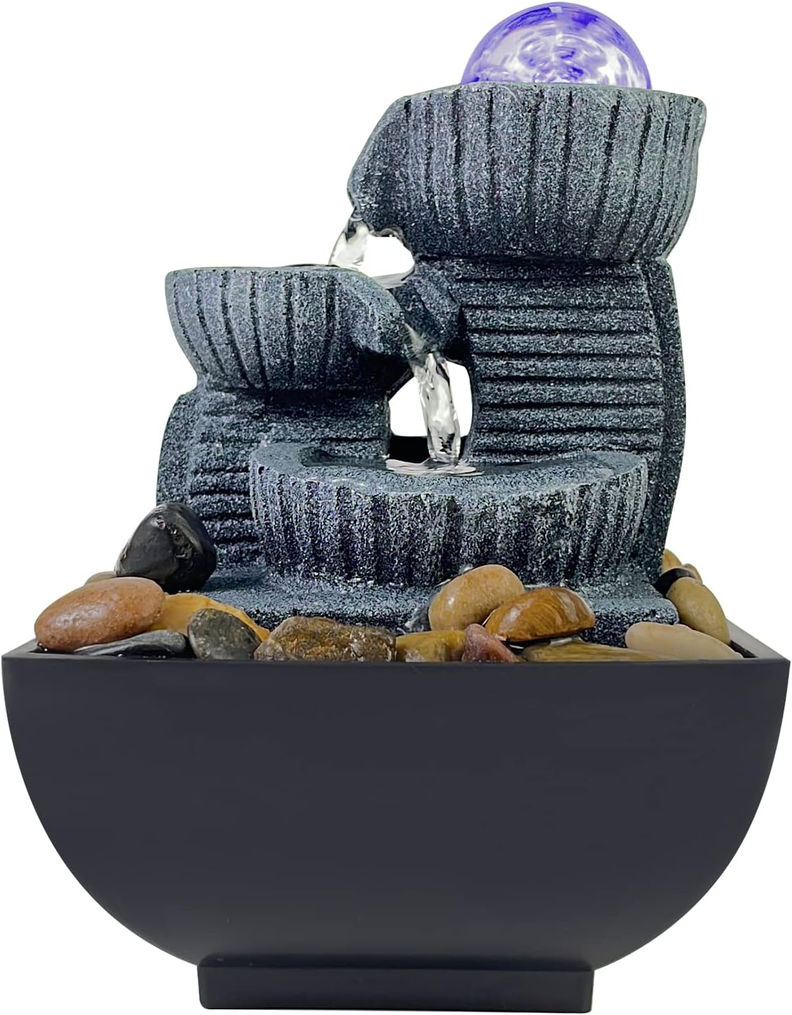Indoor Fountains & Accessories - JOYENERGY Tabletop Fountain with 3 Tiered Indoor Fountain Waterfall, Relaxation Zen Meditation Desktop Fountain Includes Natural River LED Light Rotating Ball for Home and Office Decoration