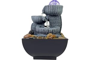 JOYENERGY Tabletop Fountain with 3 Tiered Indoor Fountain Waterfall, Relaxation Zen Meditation Desktop Fountain Includes Natural River LED Light Rotating Ball for Home and Office Decoration