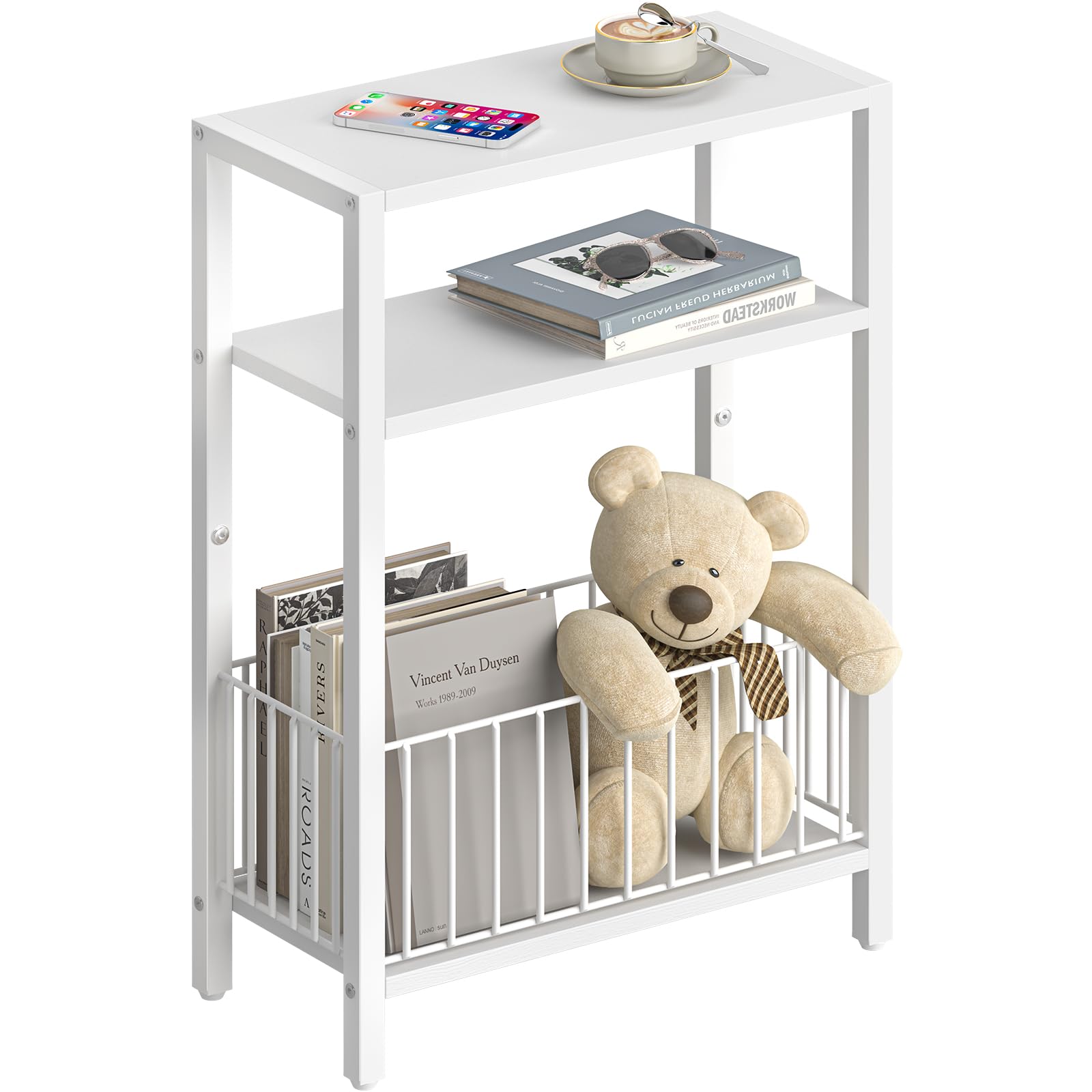 Yoobure Narrow Side Table with Storage Basket, Small End Table for Small Spaces, Skinny Side Tables Living Room Bedroom Office, Slim Nightstand 3 Tier Bedside Table Space-Saving for Magazine, White