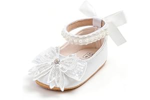 Fusehngre Spring & Summer Baby Girl Satin Princess Shoes- Infant Mary Jane First Walkers with Soft Sole, Pearl & Bow for 0-18