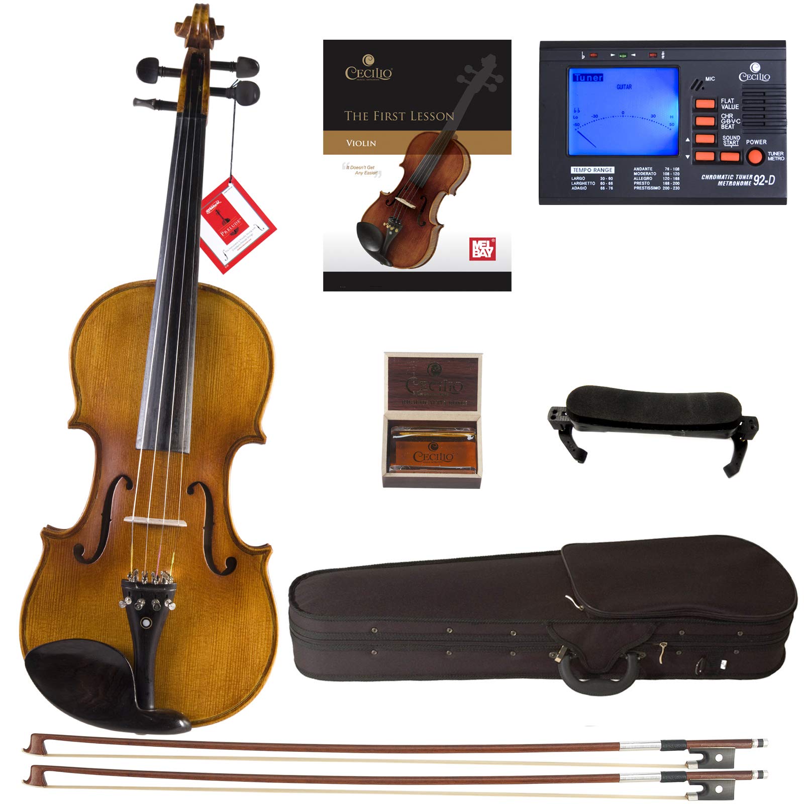 Cecilio CVN-500 Solidwood Ebony Fitted Violin with D'Addario Prelude Strings, Size 3/4 (Full Size)