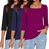 Ficerd 3 Pack 3/4 Sleeve Tops for Women Square Neck Shirts Loose Fit Casual Ladies Blouses Tops Fall Basic Tees