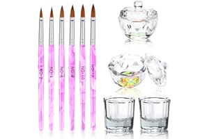 YOKILLY Acrylic Nail Brush and Dappen Dish Set - 6PCS Art Pen and 4PCS Crystal Dish for Manicure - Bowl Cup Glass Container for Liquid Tool Kit