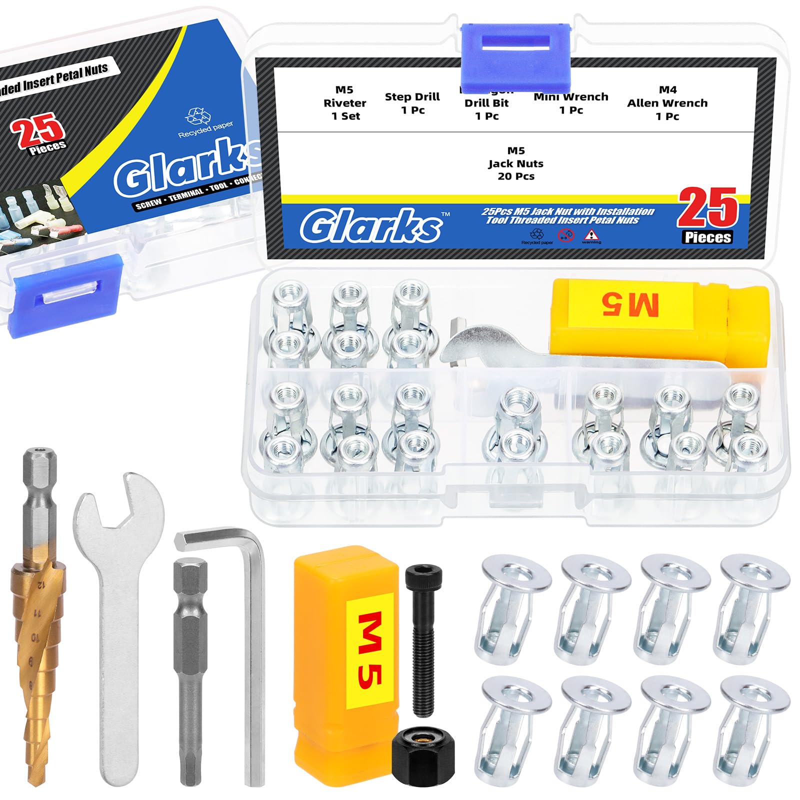 Glarks 25pcs M5 Jack Nut and Installation Tool Kit Jacknut Screw Anchor Threaded Insert Petal Nut Expansion Nut for Plastic Polywood Pressboard Hardboard