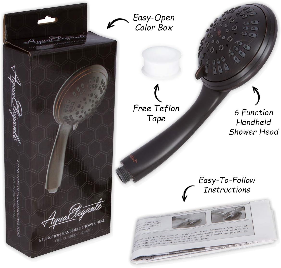 6 Function Luxury Handheld Shower Head - Adjustable High Pressure Rainfall Spray With Removable Hand Held Rain Showerhead For The Bathroom, 2.5 GPM - Oil-Rubbed Bronze - - 