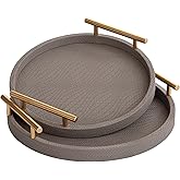 MACVAD 2 Piece Coffee Brown Round Serving Tray with Handles, Woven-Texture Faux Leather Ottoman Tray for Living Room, Decorative Tray for Coffee Table Home Decor