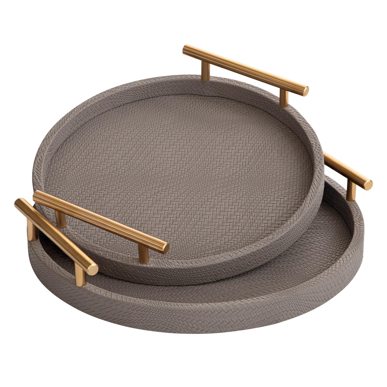 Photo 1 of **1 PIECE**MACVAD 2 Piece Coffee Brown Round Serving Tray with Handles, Woven-Texture Faux Leather Ottoman Tray for Living Room, Decorative Tray for Coffee Table Home Decor