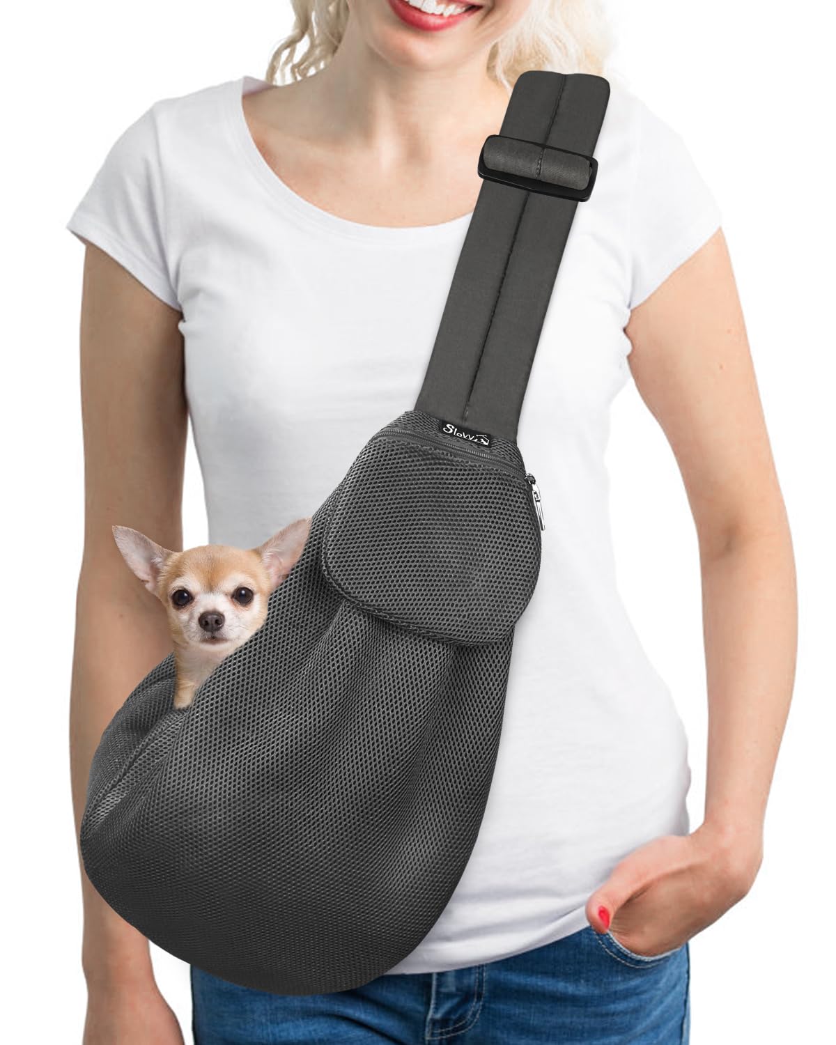 SlowTon Pet Carrier, Dog Cat Hand Free Sling Carrier Shoulder Bag Adjustable Padded Shoulder Strap Tote Bag with Front Pocket Safety Belt Outdoor Travel Puppy Carrier for Dogs Cats Walking Daily Use
