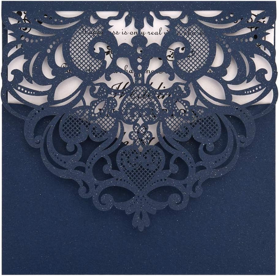 Navy Blue Laser Cut Invitations 50 Pack FOMTOR Laser Cut Wedding Invitations Card Kit with Blank Printable Paper and Envelopes for Wedding,Birthday Parties,Baby Shower