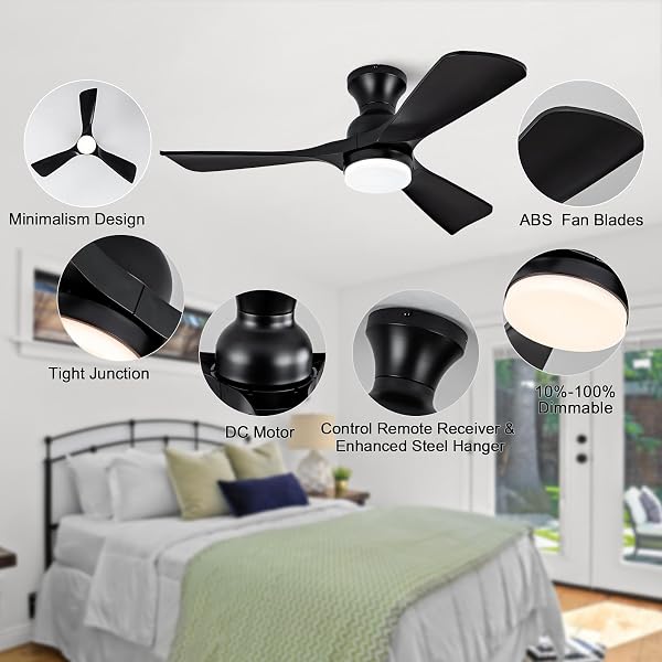 OMYU 42 INCH CEILING FANS WITH LIGHTS AND REMOTE CONTROL, LOW PROFILE CEILING FAN WITH LIGHT, DIMMABLE, QUIET DC MOTOR, FLUSH MOUNT, BLACK CEILING FAN FOR INDOOR OUTDOOR BEDROOM PATIO (ABS BLADES)