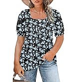 ROSRISS Womens Plus-Size Tops Summer Puff Short Sleeve Scoop Neck Pleated Flowy Shirts