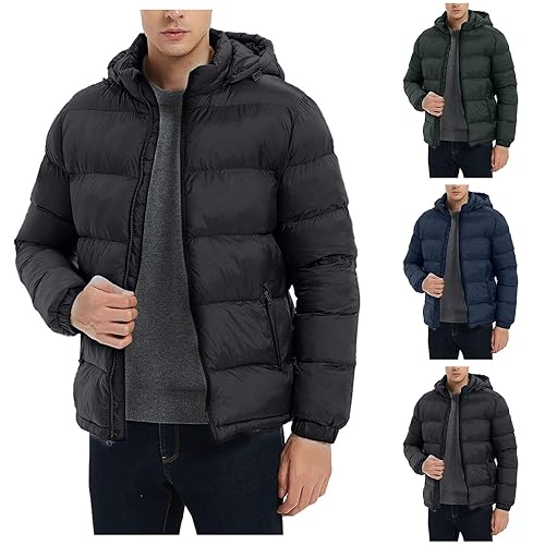 Winter Puffer Jackets for Men Warm Down Jacket with Detachable Hood Mens Black Zip up Quilted Padded Coats Loose Fit Casual Windproof Coat with Pockets