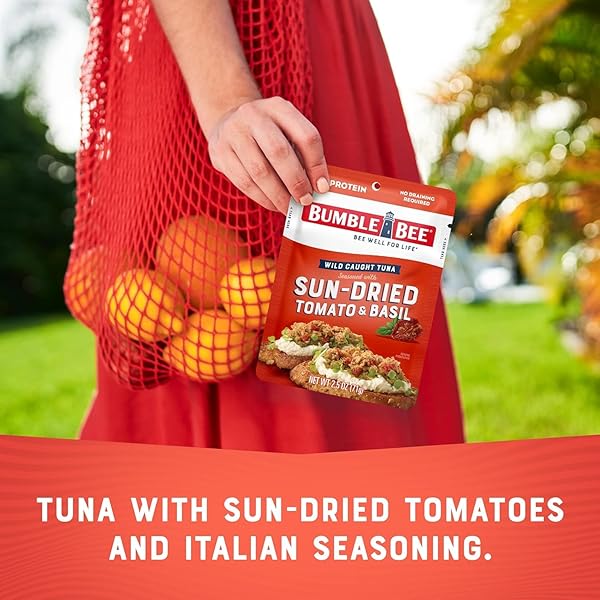 BUMBLE BEE SUN-DRIED TOMATO & BASIL SEASONED TUNA, 2.5 OZ POUCH – READY TO EAT – WILD CAUGHT TUNA PACKET – 15G PROTEIN PER SERVING – GLUTEN FREE