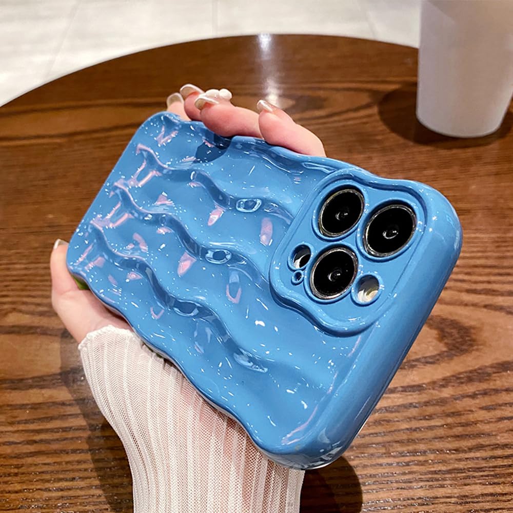 UEEBAI Water Ripple Pattern Curly Phone Case for iPhone 12 6.1 inch, Stylish Pretty Cute Wave Frame Soft Case 3D Protective Cover Shockproof Case for Women Girls Slim Case - Blue