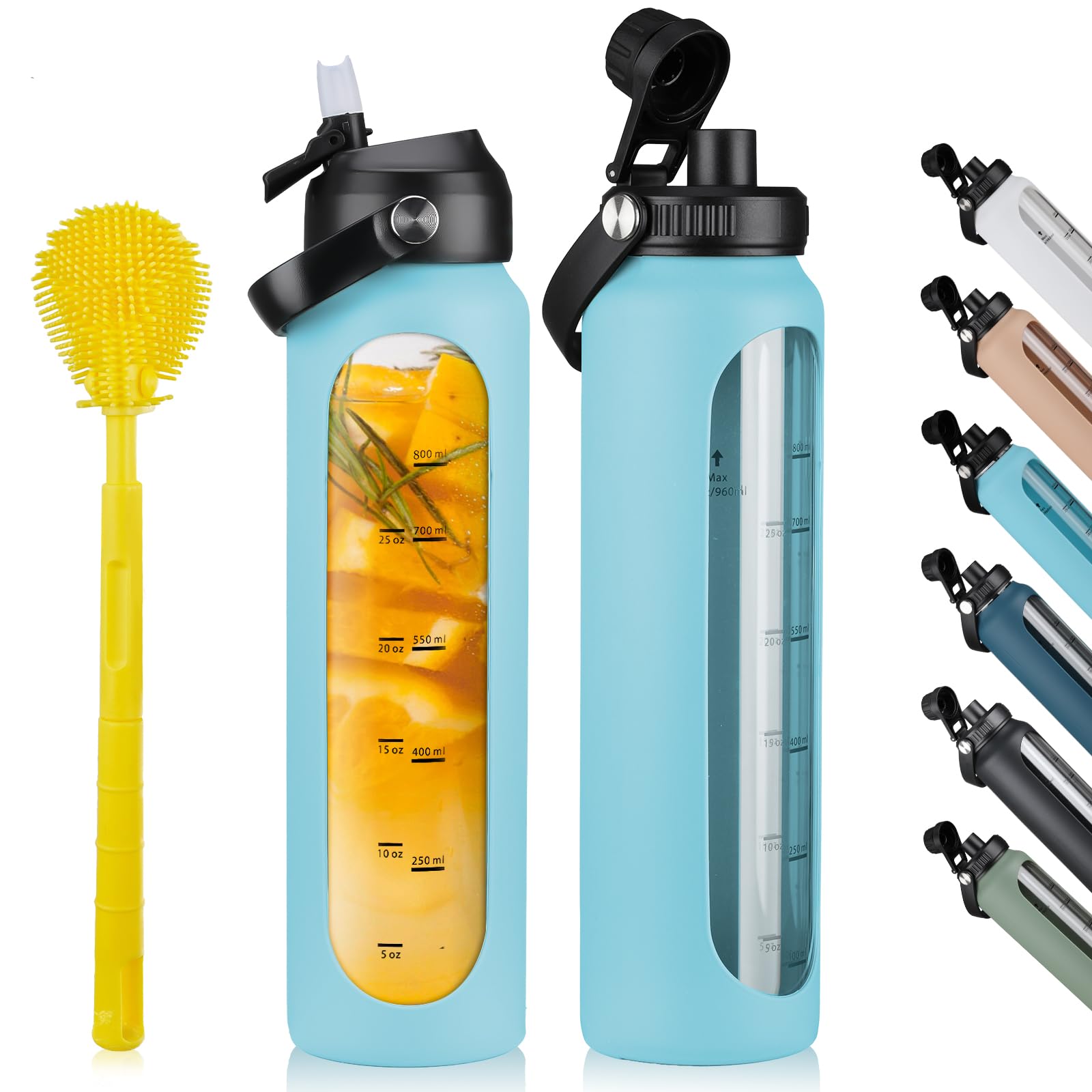 SIEROZUR 32 oz Glass Water Bottles with 2 Lids-Handle Spout Lid & Straw ...