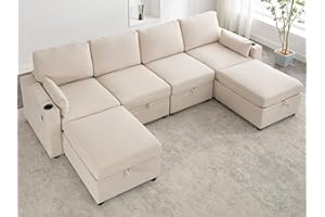 OHAHO Convertible Sectional Sofa Couch with Storage, Modern L-Shaped Sofa for Living Room with USB Port and Cup Holders (Beige, 4 Seater +2 Ottoman)