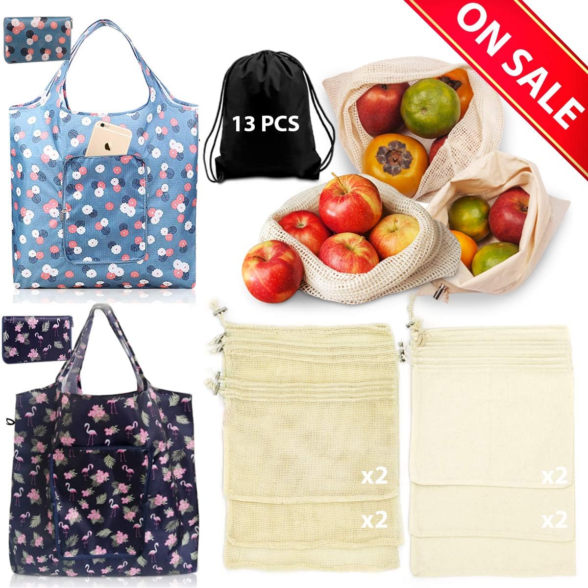 12 packs reusable produce bags washable eco friendly mesh grocery bags, 2 reusable grocery shopping bags and 10 washable muslin cotton bags for food, fruits, veggies grain, things storage