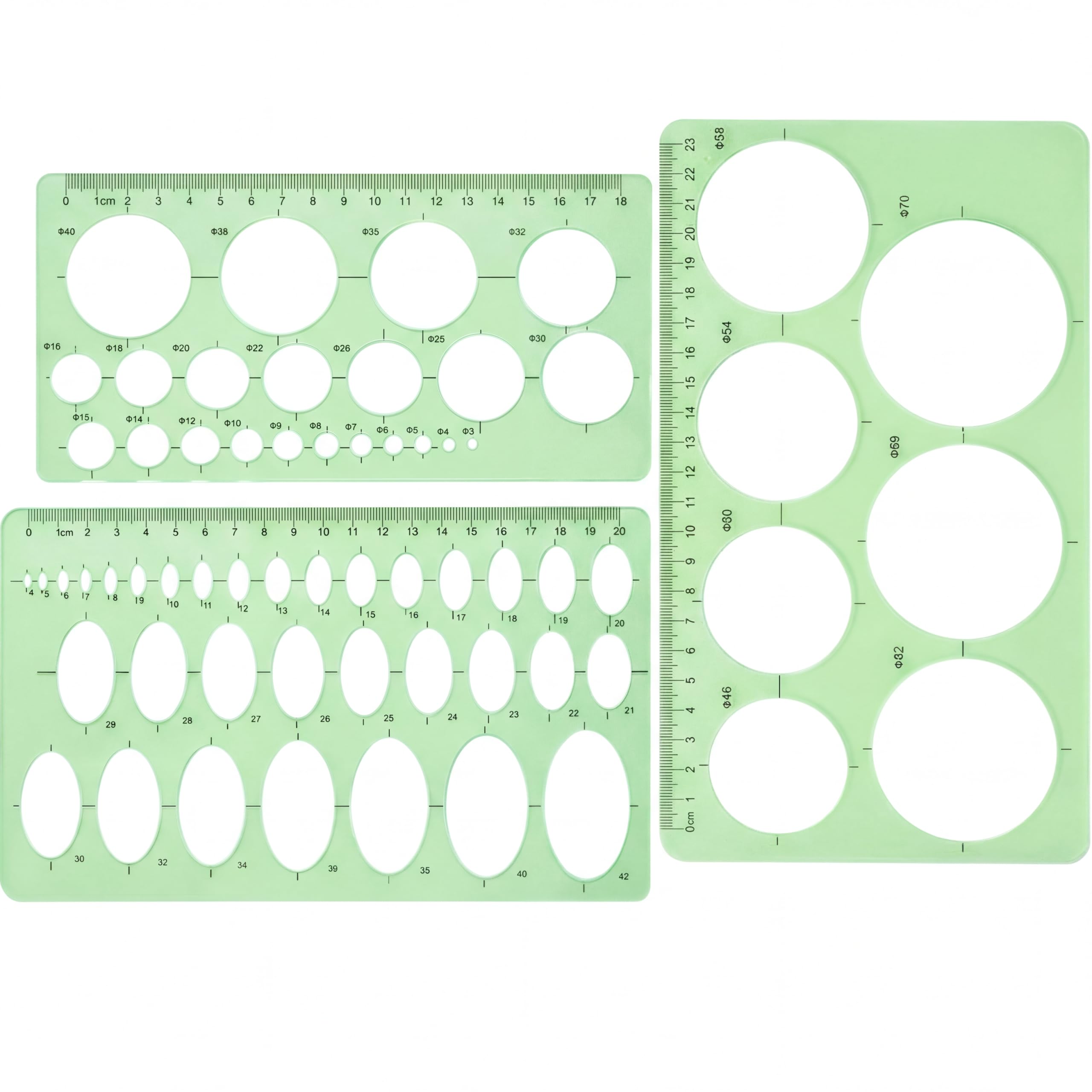 Hestya Circle Template 3-Piece Plastic Ruler Set with Stencils for Office, School, Building Formwork and Drawing Templates (Clear Green)